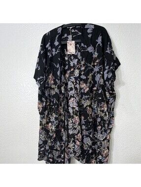 Gypsy Love Women's Black/Multicolor Floral Open Front Rayon Kimono Top M